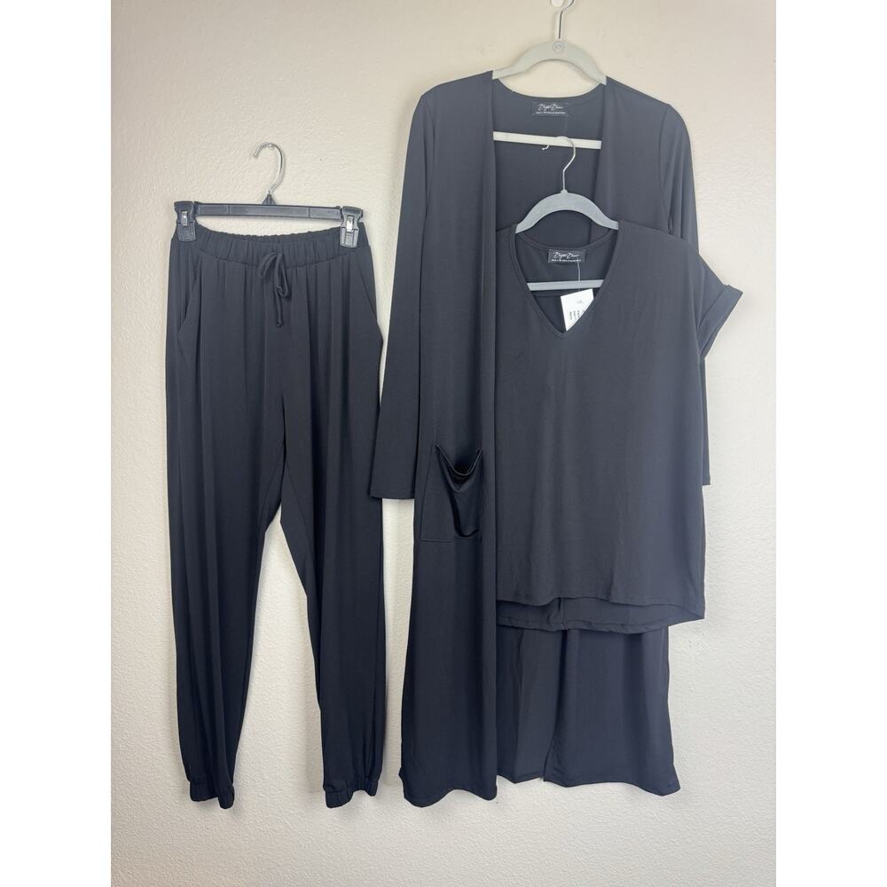 Brigitte Brianna 3 Piece Set Blouse Street Joggers Cardigan Duster Black Medium